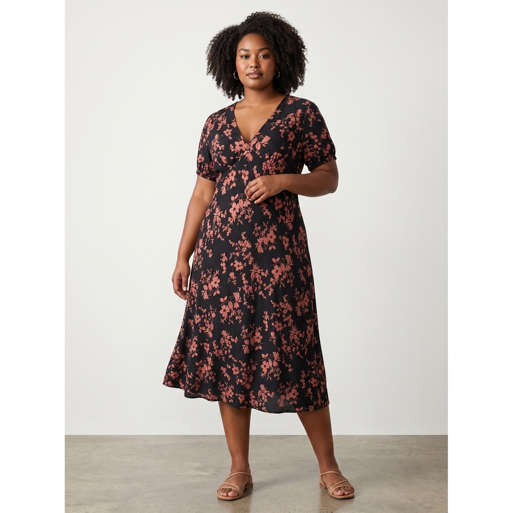 A New Day Womens Black Pink Floral Midi Dress XL Short‎ Sleeve Rayon V-Neck